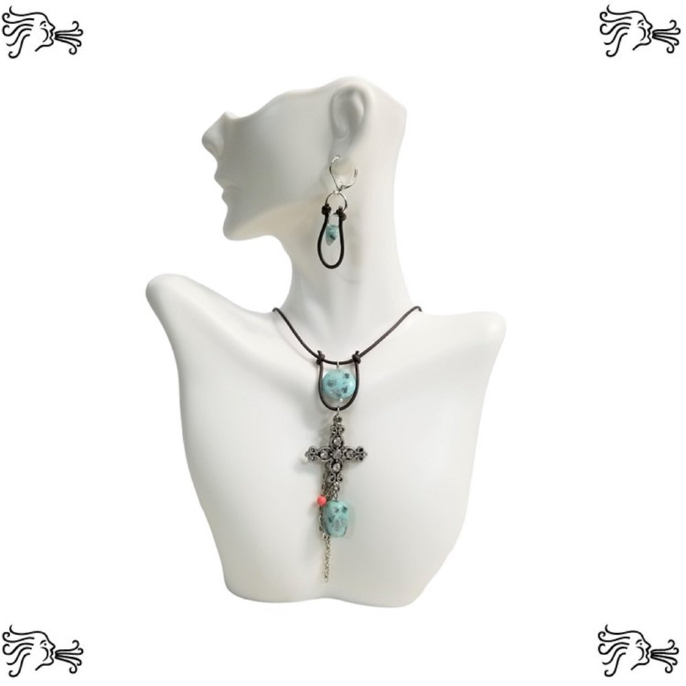 Rhinestone Cross Stone Choker Necklace & Earrings Brown Hand knotted Leather